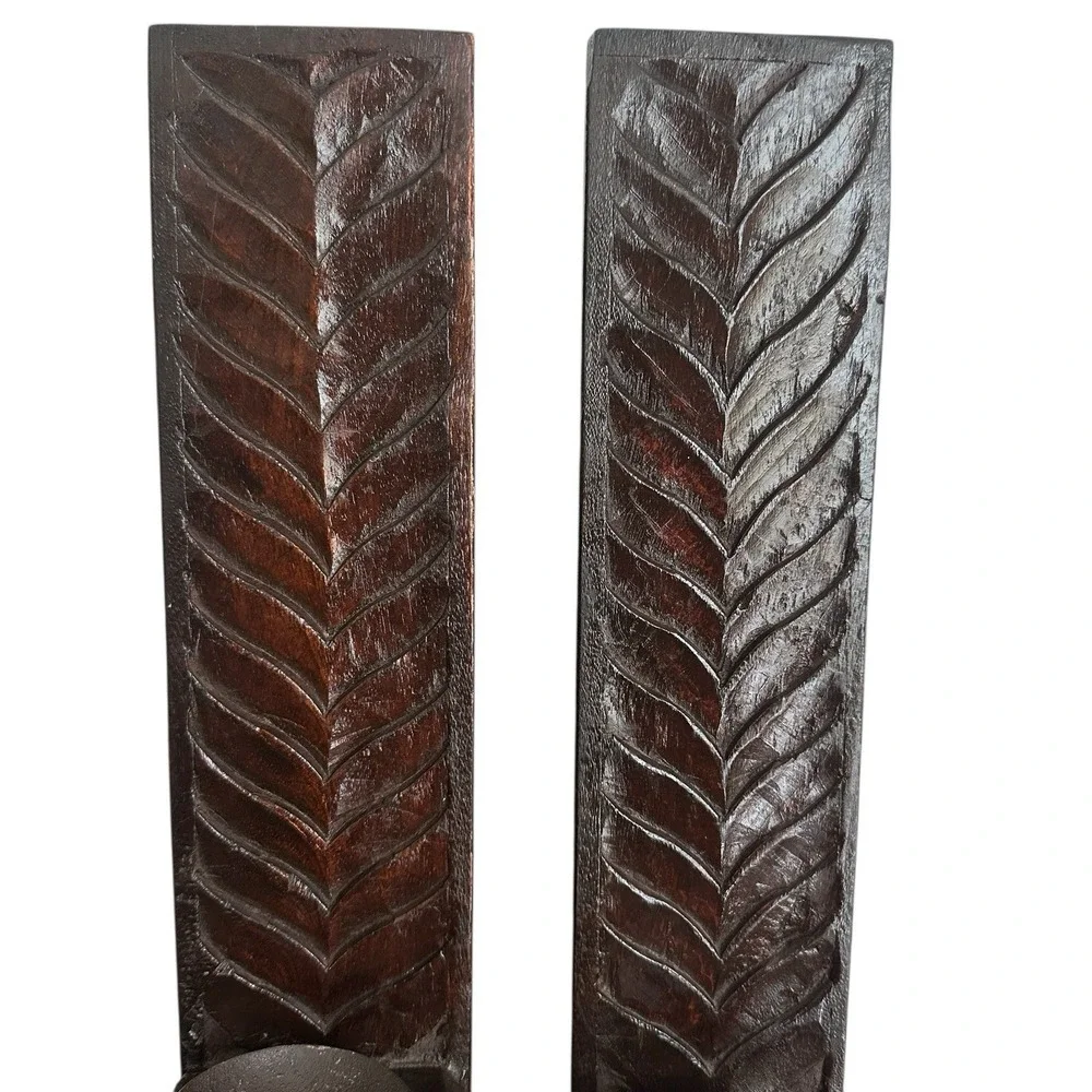 Antique Artisan Candle Holder 16 Inch English Oak Wood Pillars Stained Ferns‎